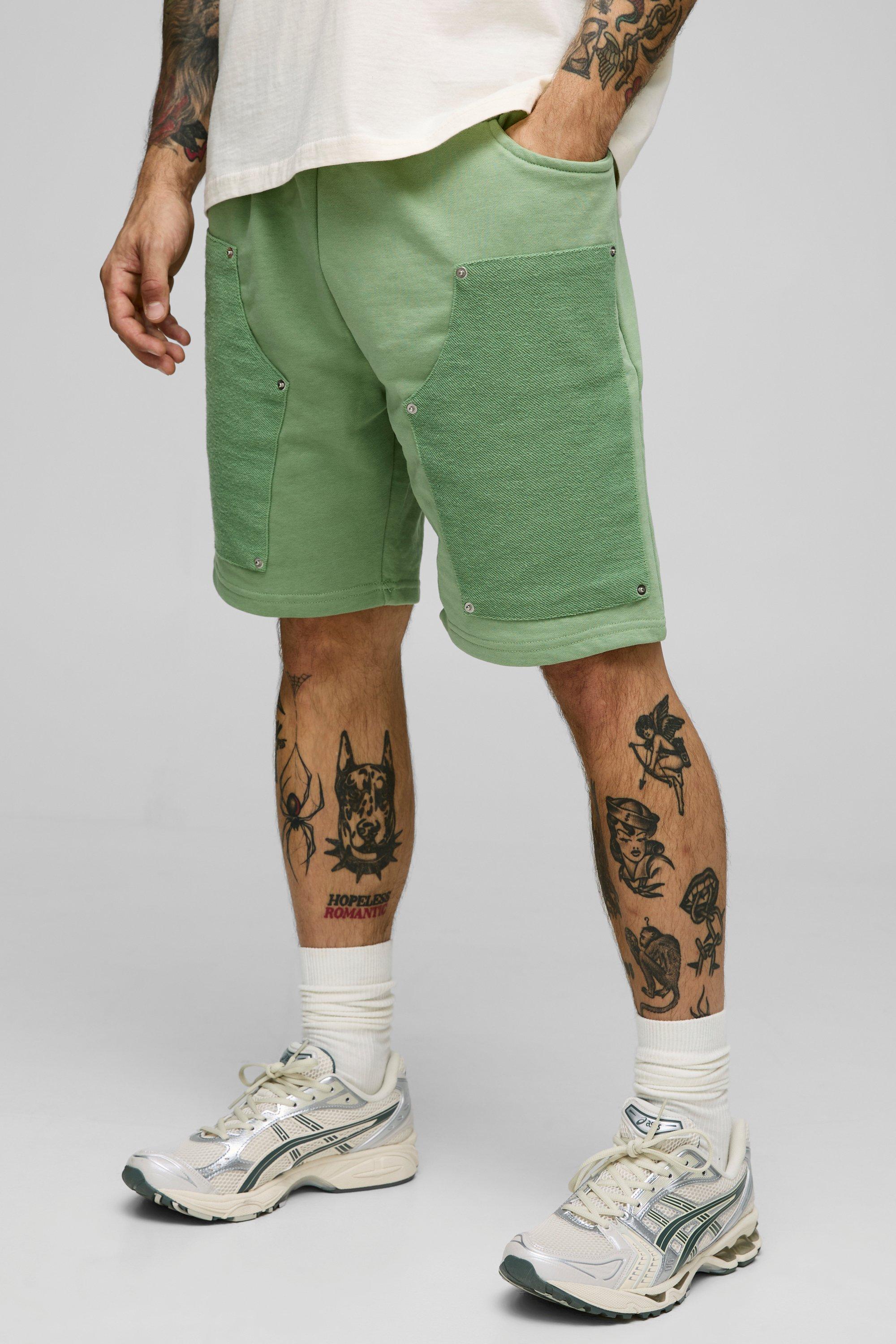 Mens Green Relaxed Carpenter Shorts, Green